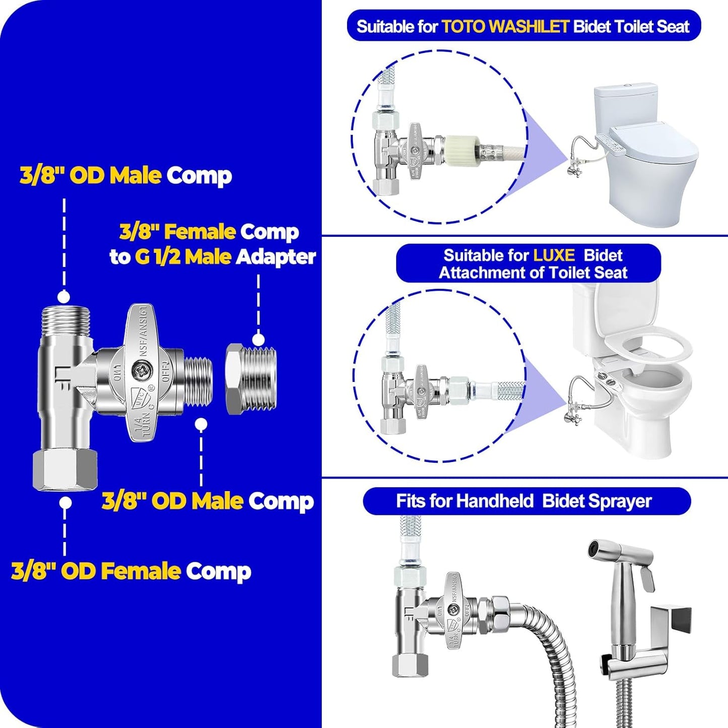 Tee Stop Valve - Lead-Free Add-A-Tee Valve 3/8 Inch x 3/8 Inch x 3/8 Inch,1/4 Turn Brass Extender Tee Connector with Built-in Sealing Gasket for Faucet,Glass Rinser,Dishwasher,Washing Machine