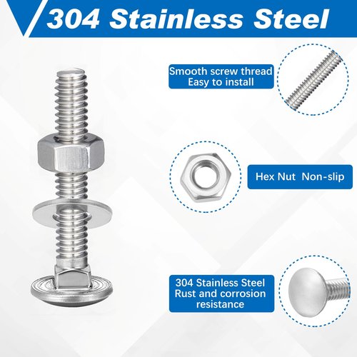 Zonon 25 Sets 1/4-20 x 1-1/2" Stainless Steel Carriage Bolts and Nuts Kit Round Head Square Neck Carriage Bolts Screws and Hex Nuts and Flat Washers, Stainless 18-8 Full Thread Coverage (Silver)