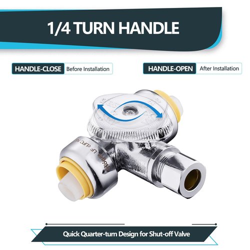 (Pack of 2) Seelink 1/4 Turn Stop Tee Compression Stop Valve, 1/2" Push Fit x 1/2" Push Fit x 3/8 Inch OD Compression, Chrome Plated Brass