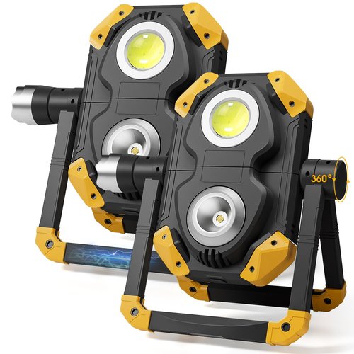 Samyoung 2 Pack Magnetic 2500 LM LED Work Light, 10 Hours Long Lasting 360°Rotating 7000K Warm Rechargeable Work Light Folding Waterproof for Job Site Car Inspection Camping Emergency