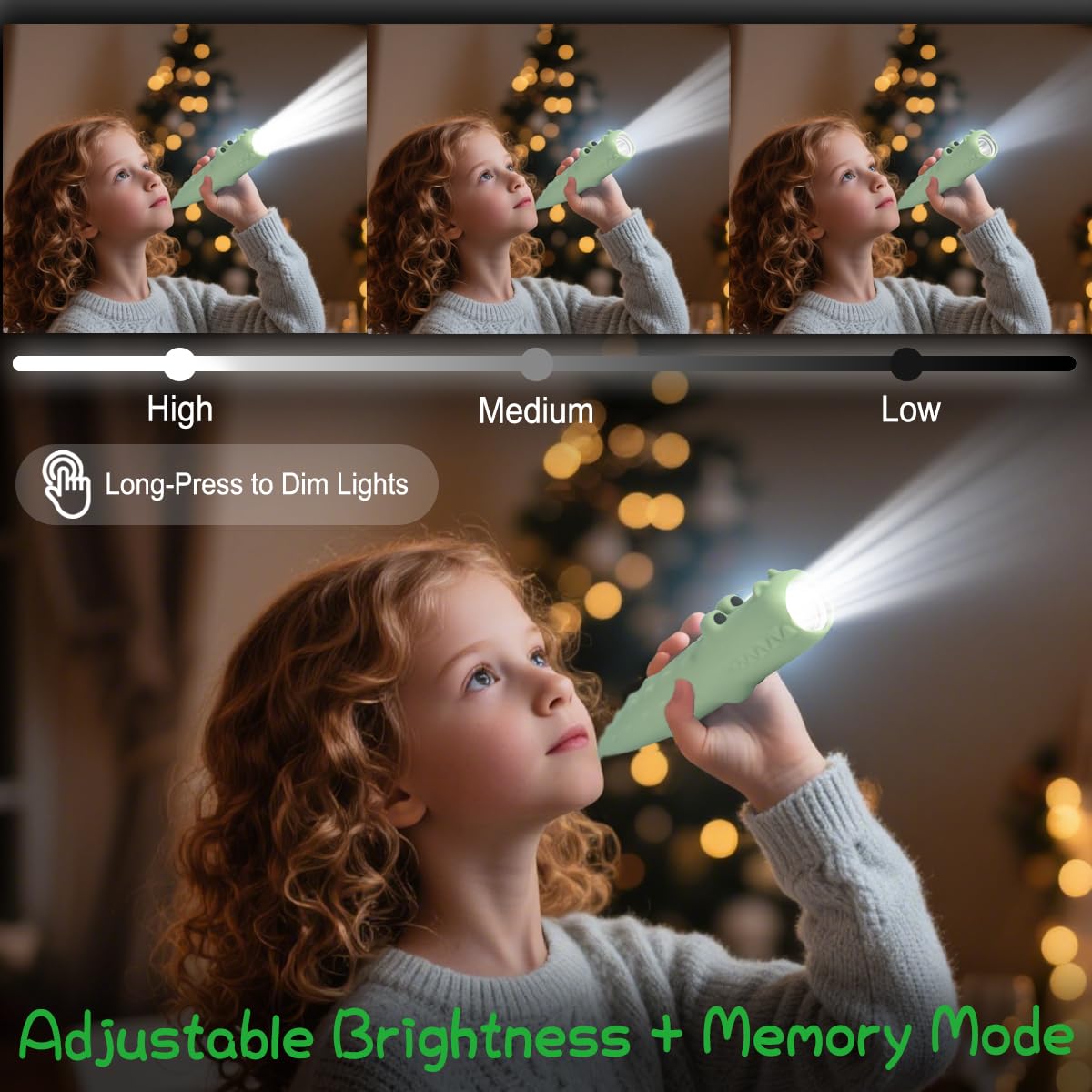 LEDHOLYT Kids Flashlight - Cute Silicone Alligator Toy Light with Adjustable Brightness, Safe & Durable Design, USB-C Charging, Birthday Gift for Ages 3+ Boys Girls Children