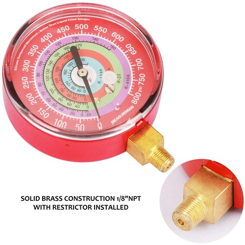 Measureman Refrigeration Pressure Gauge Kit, 3-1/8" Dial, Blue Dial & Red Dial, 1/8" NPT Lower Mount, 30inHg-0-250psi, 250-500psi & 0-800psi