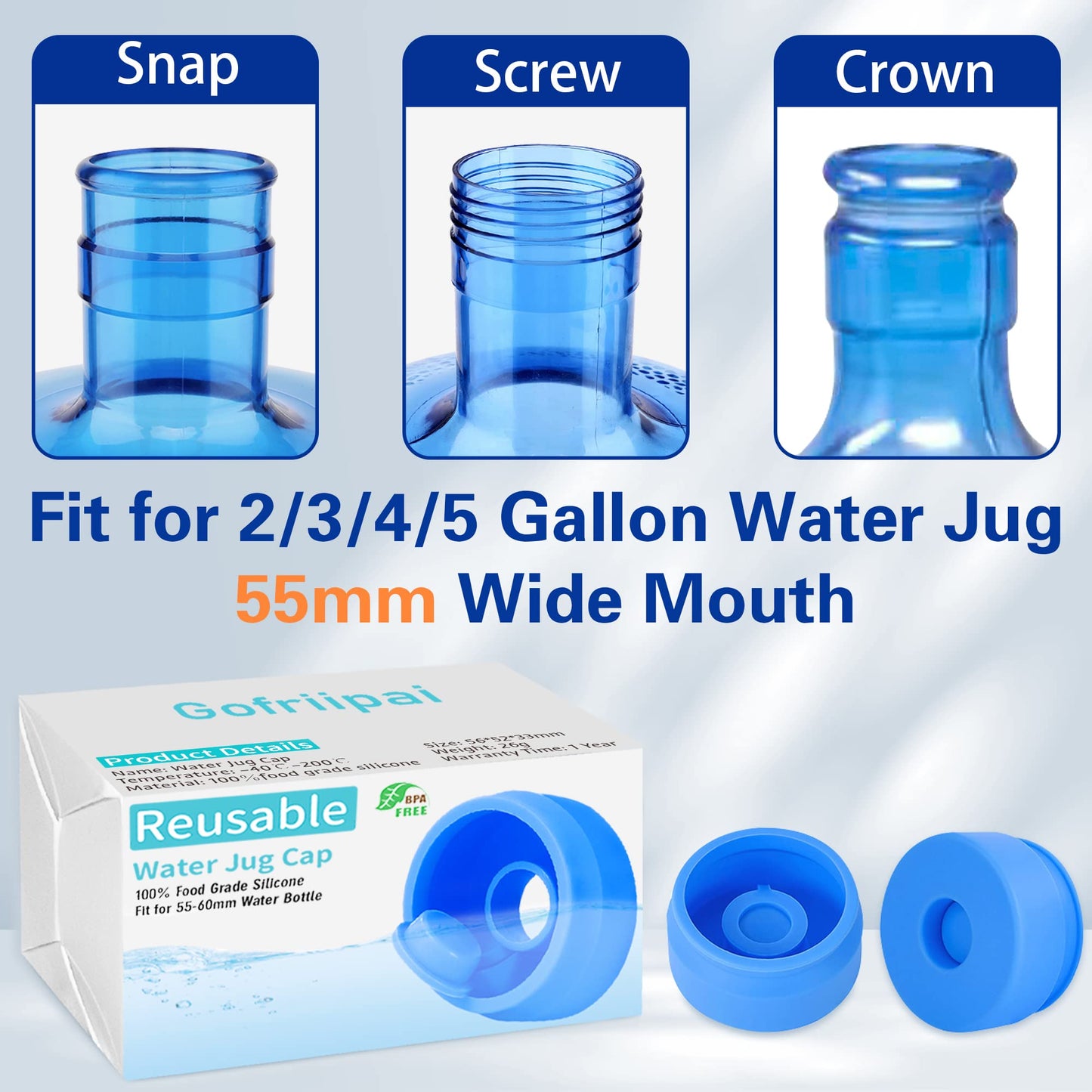 Gofriipai 3 and 5 Gallon Water Jug Cap, Silicone Reusable Replacement Cap, Non Spill Bottle Caps for 55mm Bottle Water Dispenser Caps - Pack of 5