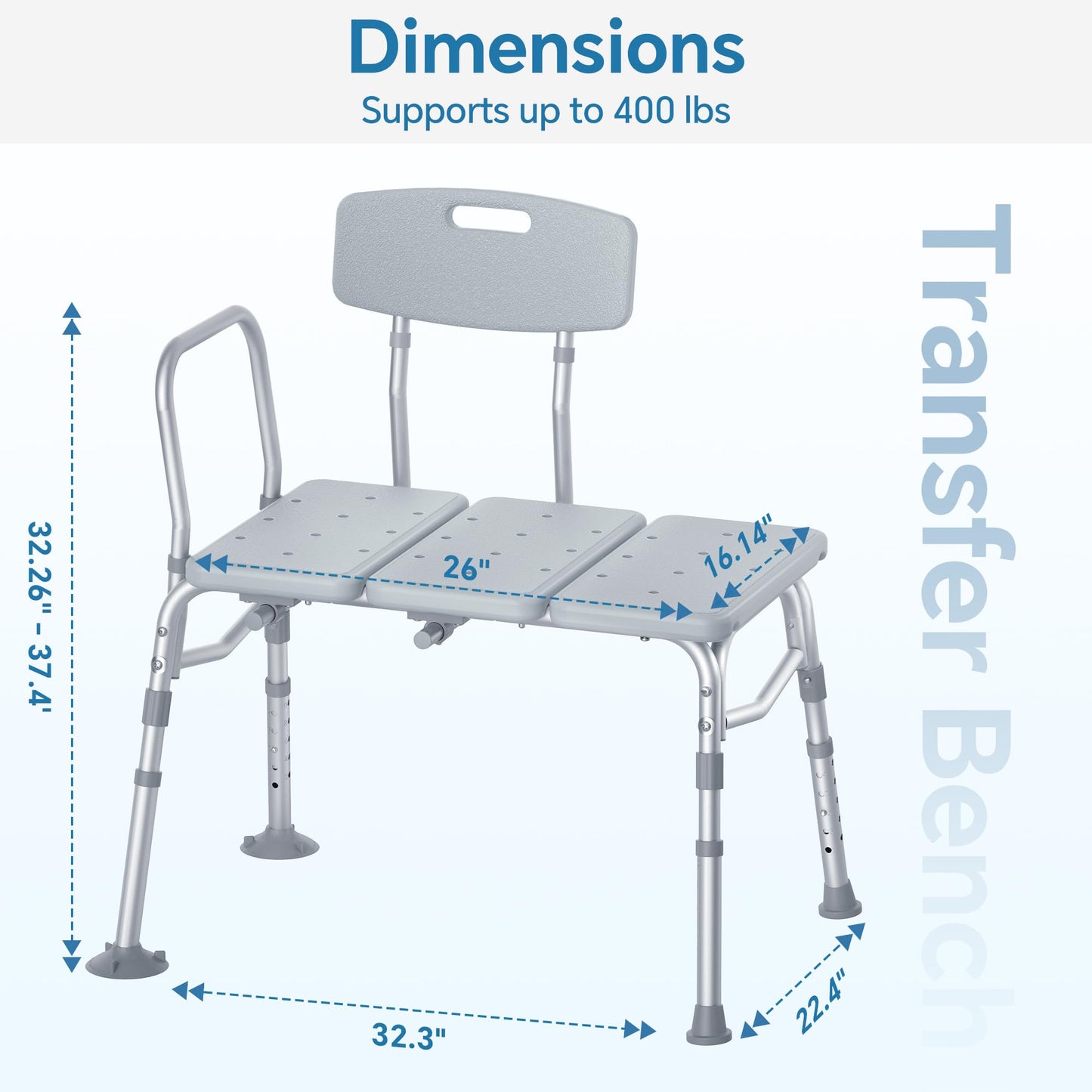 HOMLAND Tub Transfer Bench for Bathtub, 400 lbs Heavy Duty Shower Chair with Backrest, Slip-Resistant Feet, Height Adjustable Shower Bench Shower Seat for Elderly and Disabled