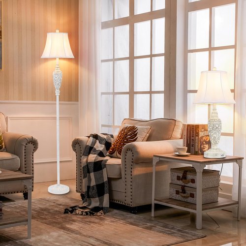 Sheetea 65’’ Vintage Floor Lamp for Living Room, Traditional White Standing Lamp with Carved Resin Base and Foot Switch, Classic Farmhouse Tall Pole Lamp, Bedroom, Office