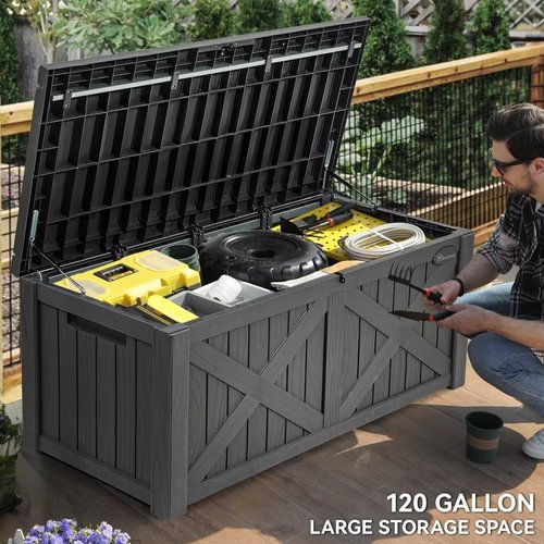 YITAHOME 120 Gallon Large Deck Box with X-Shaped Front, Resin Outdoor Storage Boxes, Waterproof Cushion Storage Bench for Patio, Pool Supplies, Garden Tools - Lockable, Dark Gray