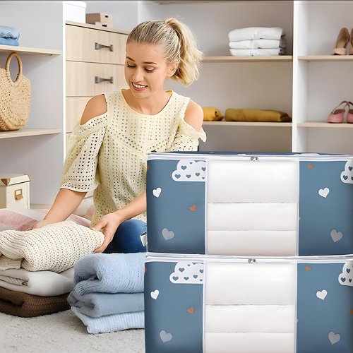 1 Extra Large Storage Bag for Blankets Clothes Comforters with Handles Clear Window Space Saving Foldable Non Woven Fabric 21.7x13.8x9.8in Deep Blue