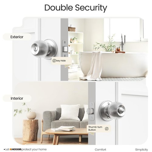 HOSOM Privacy Door Knob with Lock, Interior Door Knobs for Bedroom and Bathroom, Keyless Doorknob with Round Ball, Satin Nickel Door Handle, 1 Pack
