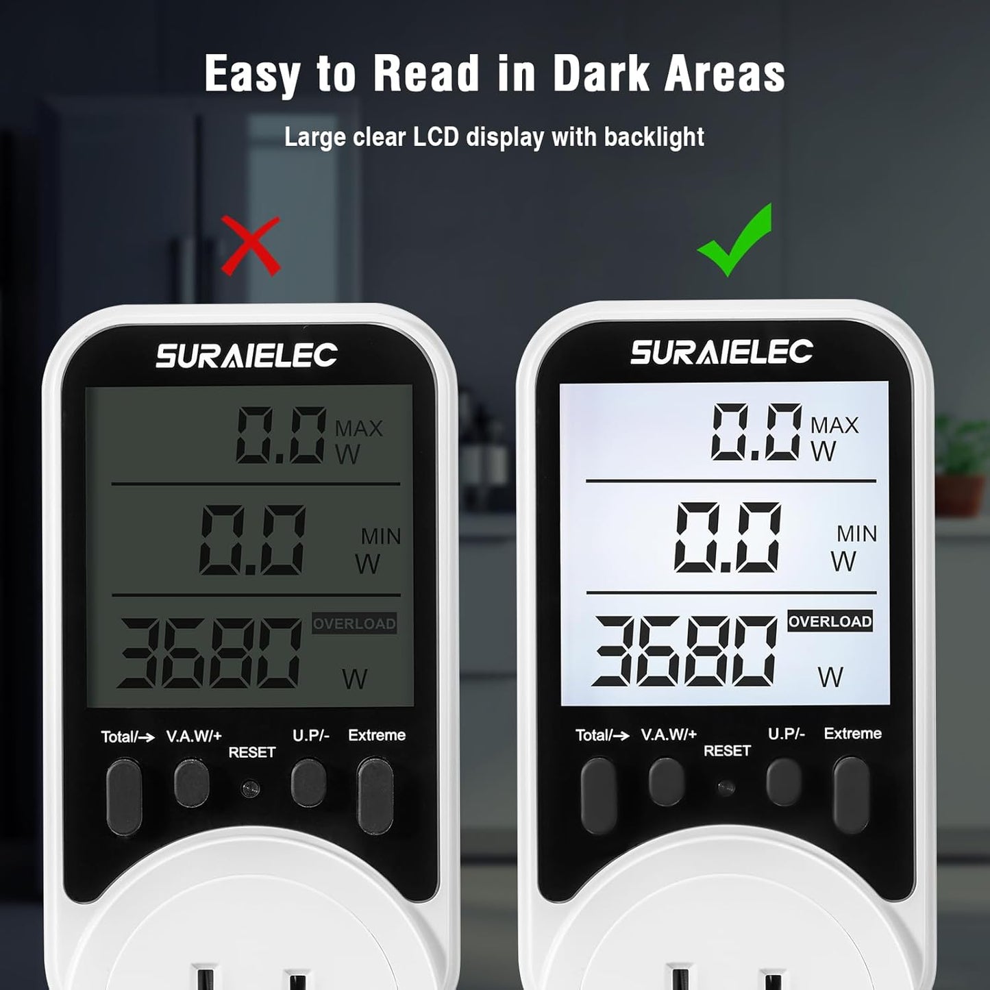 Suraielec Watt Meter, Plug-in Socket Power Meter, 90V-250V Wide Range, Backlit Large Display, Auto Cost Calculator, Overload Protection, Kilowatt Wattage Voltage AMP Tester, Electricity Usage Monitor
