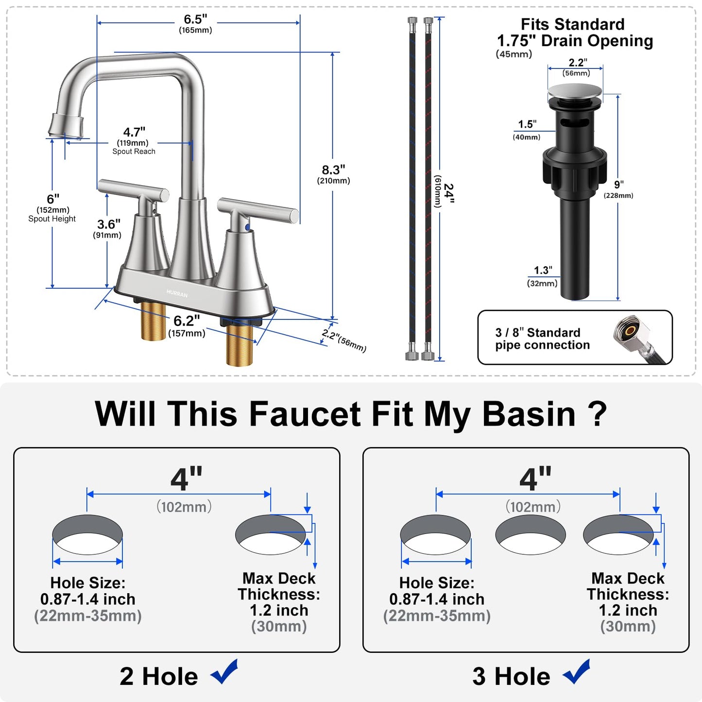 Hurran Brushed Nickel 4 inch Centerset Bathroom Faucet for Sink 2-3 Hole
