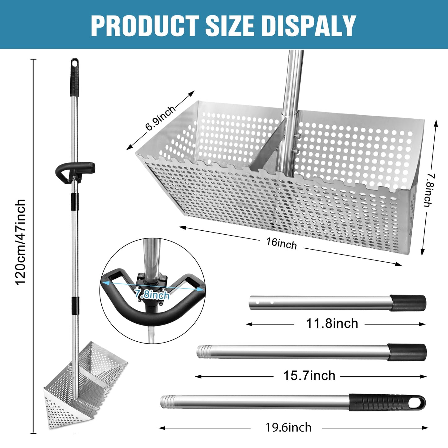 Sand Flea Rake for Beach - Detachable 47" Long Handle Sand Sifter Heavy Duty Stainless Steel Sand Scoop with 16" Width Basket Metal Detecting Tool with Anti Slip Handle for Collecting Shark Teeth
