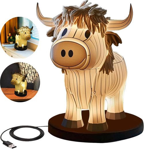 Neioaas Cow Table Lamp, Small Animal Night Light, Highland Yak Table Lamp with USB, Portable Bedside Lamp Living Room Bedroom Painted Cow Ornaments, Bedside Lamp Gift for Girl Mom (Highland Yak)
