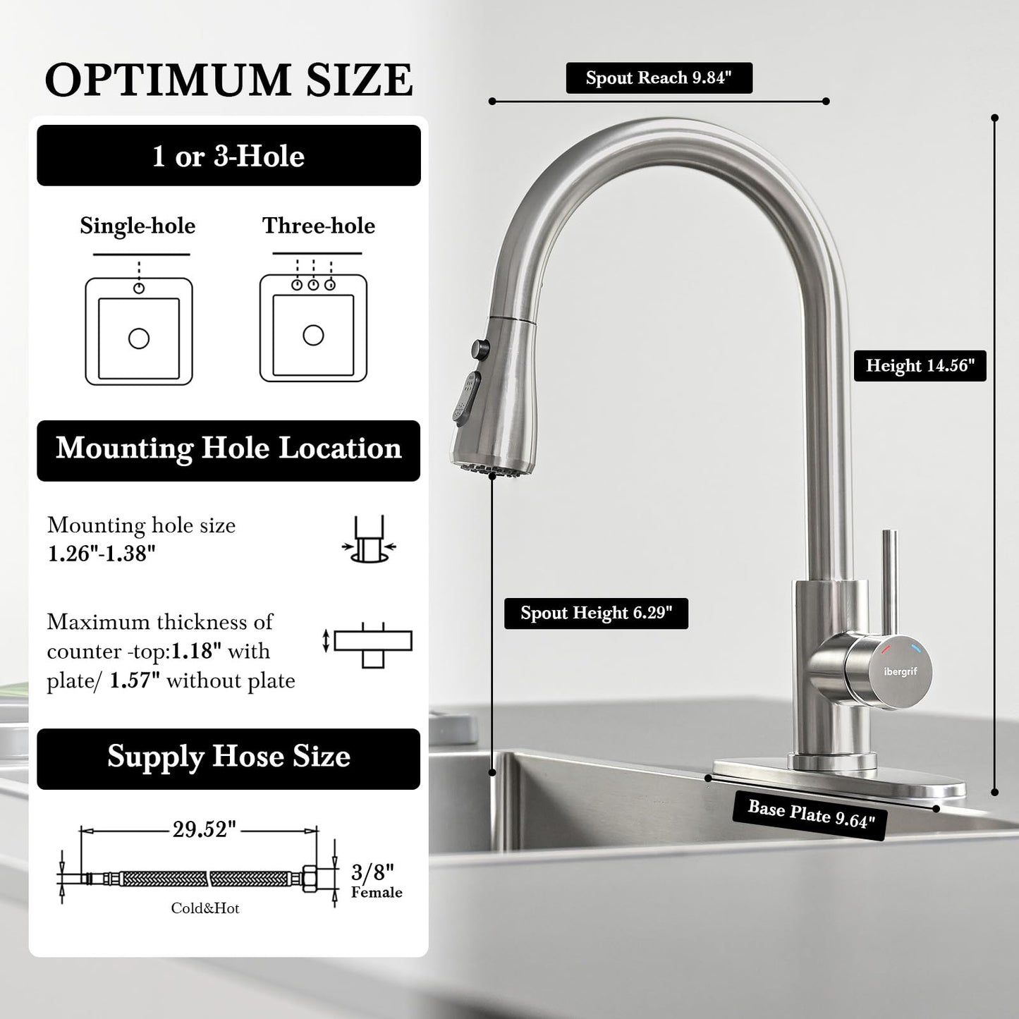 Ibergrif Kitchen Faucets with Pull Down Sprayer, Single Handle High Arc Brushed Nickel Stainless Steel 1 or 3 Hole Kitchen Sink Faucet with Deck for RV Laundry Farmhouse Bar