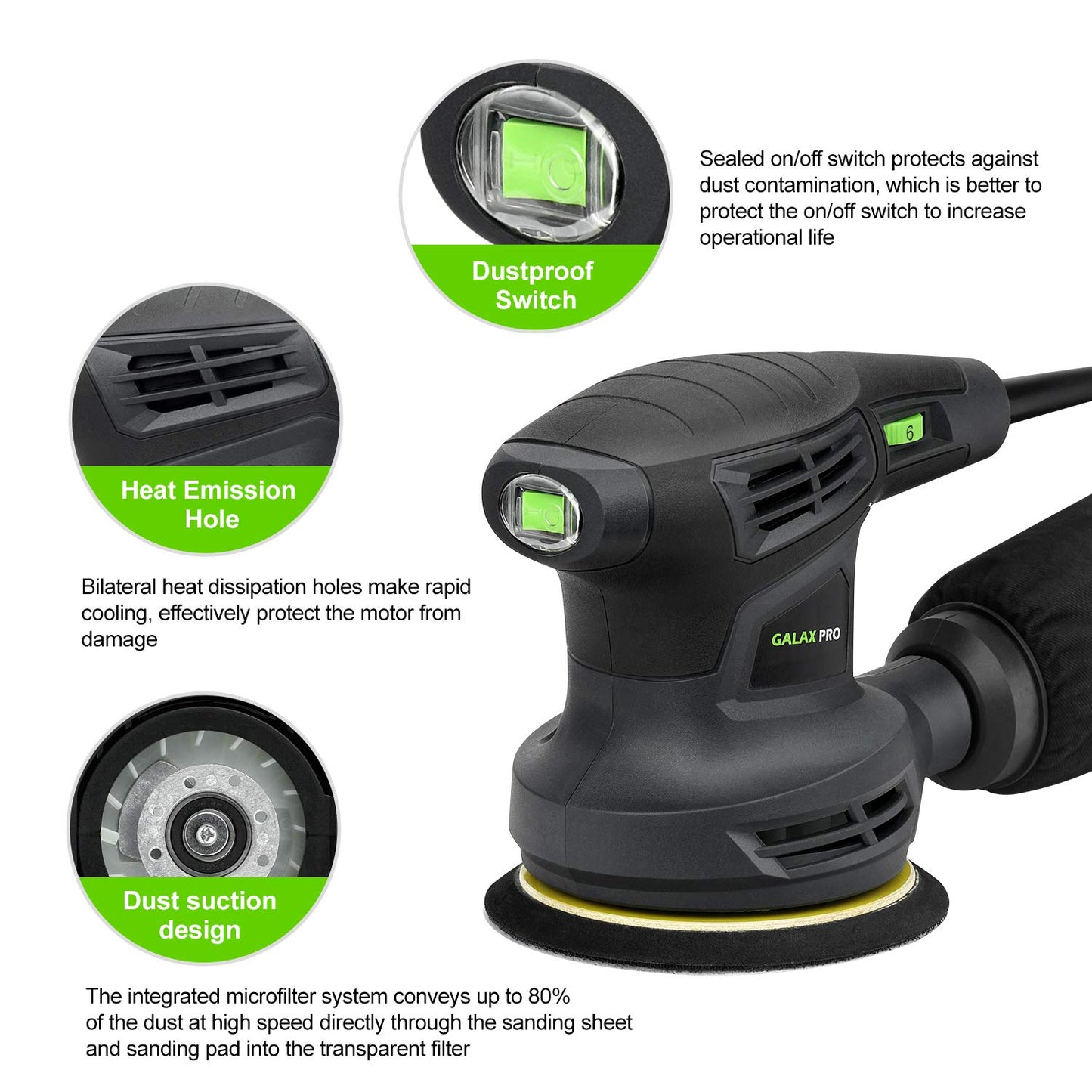 GALAX PRO 280W 13000OPM Max 6 Variable Speeds Orbital Sander with 15Pcs Sanding Discs, 5” electric Sander with Dust Collector for Sanding and Polishing
