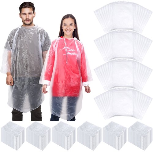 200 Pieces Disposable Rain Ponchos for Adults Bulk Emergency Rain Poncho Transparent Waterproof Throw Away Individually Wrapped Raincoat with Hood Clear Gear