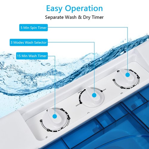 COSTWAY Portable Washing Machine Twin Tub 26 Lbs Capacity, 18 Lbs 8 Lbs Spinner, Compact Control Knobs Timer Function, Drain Pump, Laundry washer, for Apartment RV, Blue