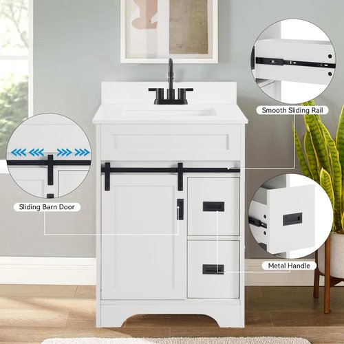 SmartEdge 24 Inch Farmhouse Bathroom Vanity with Sink Combo, White with Sliding Barn Doors and 2 Drawers, Freestanding Bathroom Cabinet, Single Bath Storage Vanity Ceramic Sink, White