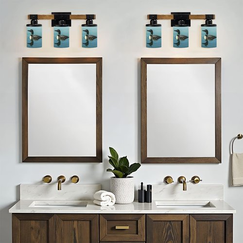 3-Light Bathroom Light Fixtures Common Loon Minnesota Lake Bathroom Vanity Light with Glass Shade Wood Wall Sconces Wall Lamp for Mirror Bedroom Living Room