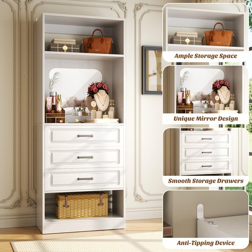 Unikito 25”Freestanding Closet System with 3 Drawers, Closets Organizer Wardrobe with Storage Shelves and Mirror, Sturdy Wood Walk-in Closet Systems for Small Closets, 25" W x 16" D x 80" H, White