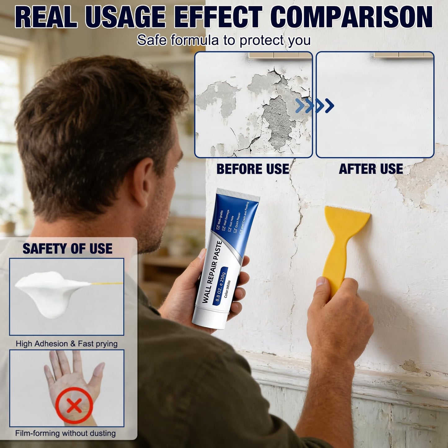 Drywall Repair Kit, 2 Pcs Spackle Wall Repair Kit, New Wall Crack Repair Paste, Wall Repair Paste Tube with Scraper/Sandpaper, Effective Repair of Scratches, Holes, Cracks and Wall Graffiti (2*250g)