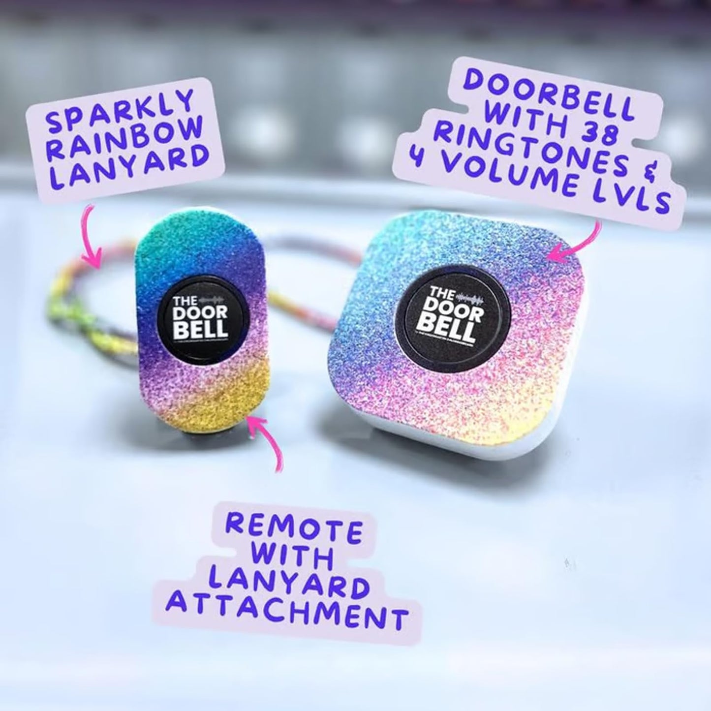 The Doorbell - Sparkly Rainbow Teacher's Remote, Wireless Classroom Doorbell with 38 Ringtones & Adjustable Volume, Wireless Doorbell for Classroom, Teacher Doorbell - Classroom Management Tool