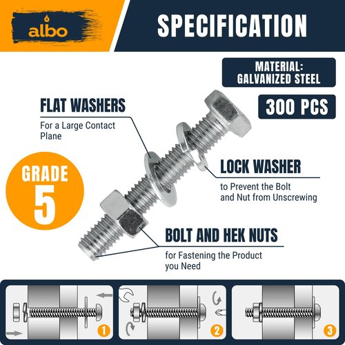 ALBO 300 pcs Hex Head Bolts and Nuts Grade 5 Zinc Plated 1/4-20, 5/16-18, 3/8-16 Nut and Bolt Set with Flat and Spring Washers in Case