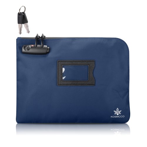 KOSMCCO Money Bag with Lock and Key, 11.8x8.6 Inch Heavy Duty Bank Deposit Bag, Secure Cash Pouch for Valuables, Durable Travel & Business Storage - Navy Blue