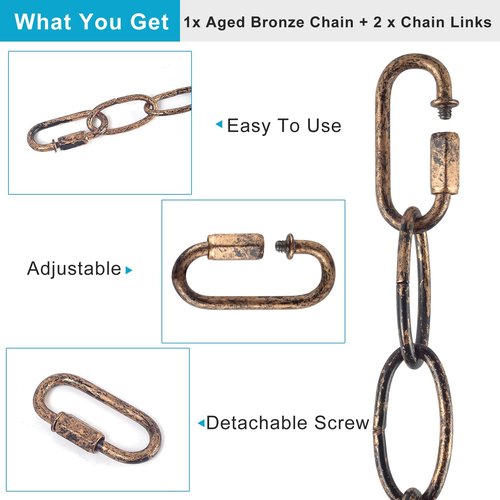 Tovmey 6.5 Feet Aged Bronze Finish Chandelier Chain (3mm), Vintage Pendant Light Fixture Metal Chain with a Fake Rusty Look, Heavy Duty Lighting Hanging Chain Extension with 2 Chain Links for Plants