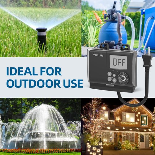 TiFFCOFiO New Digital Outdoor Timer Waterproof, Dial Programmable Method, Outdoor Pool Pump Timer with 2FT Extension Cord, 2 Grounded Electrical Outlets for Lights, 6 Sets of Programs, 20A/2500W