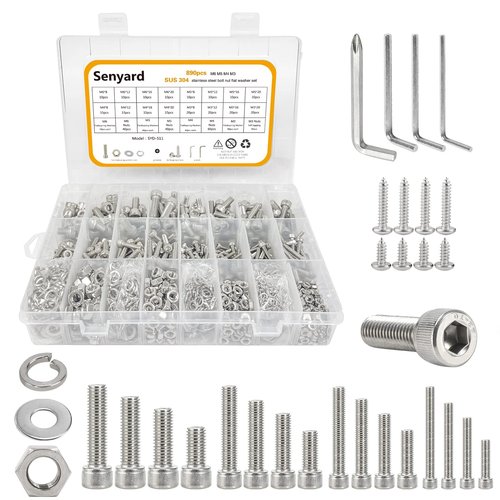 890pcs M6 M5 M4 M3 Metric Screw Assortment,Metric Bolts and Nuts Kit（with Lock&Flat washers・Wrenches） Socket Head Cap Screws 304 Stainless Steel Hex Head Metric Screws Assortment Set with Case