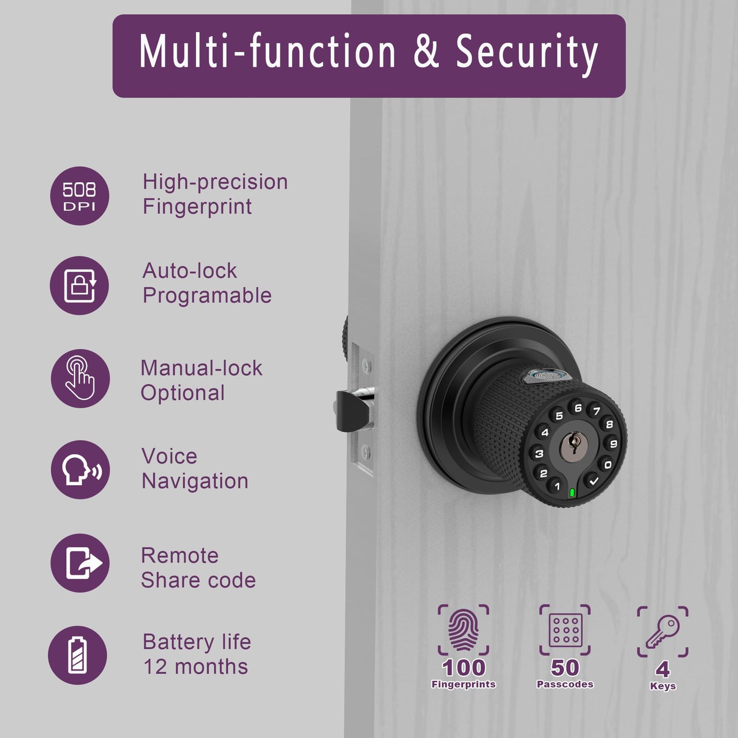 BOTHSTAR Double Sided Keyless Door Knob Lock with Fingerprint and Keypad, Smart Doorknob with Dual Cylinders for Exterior or Interior Door(Double Sided Fingerprint Matte Black)