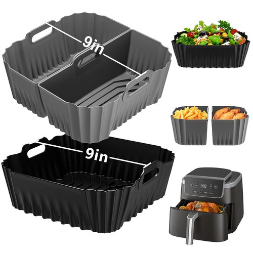 Air Fryer Silicone Liners Square for Ninja Air Fryer AF141 AF142 AF181 5-6.5QT, 3 Pack Reusable Silicone Pot Baking Accessories for Cosori 6QT, Instant, Chefman 5QT to 8QT AirFryer, 2 In 1 Liners