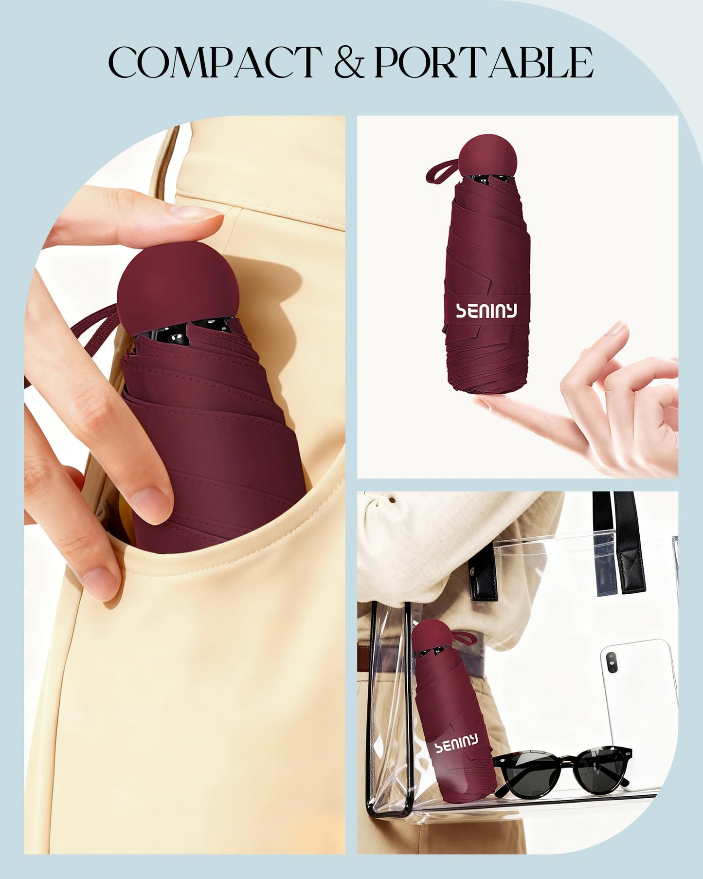 Seniny Mini Portable Travel Umbrella with Case - Compact Umbrellas for Rain & Sun UV Protection for Backpack Pocket, Lightweight Folding Small Umbrella, Tiny Purse Size UV Blocker for Kids Women Girls