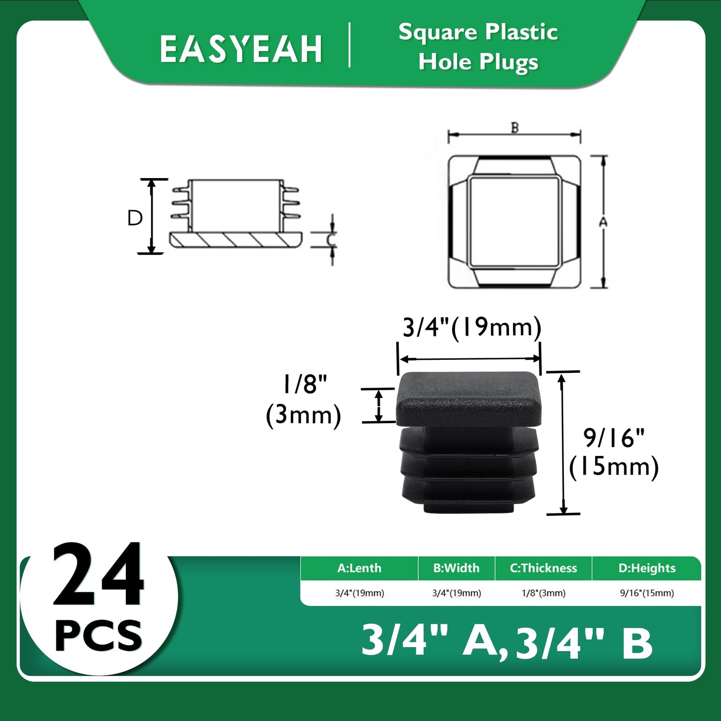 EASYEAH 3/4" (19mm) Plastic Hole Plugs Black -Square Chair Leg Caps & Pipe Plugs, Tubing End Caps for Metal and Wood Legs Tube, Outdoor Furniture Feet Table Patio Glide Floor Plastic Plugs, 24 PCS