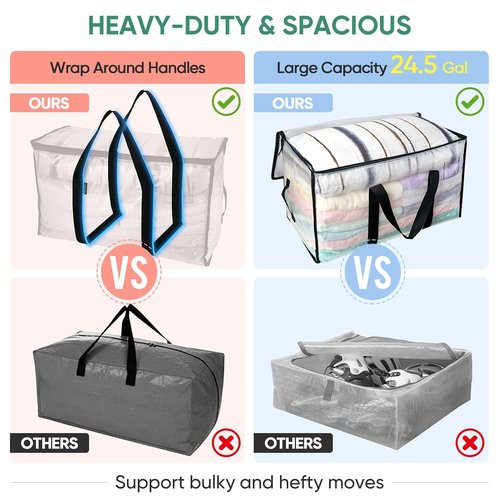 3 Pack Heavy Duty Moving Bags with Zipper – Extra Large Waterproof Storage Totes, Reinforced Handles for Packing, Moving, Dorm & Seasonal Clothes