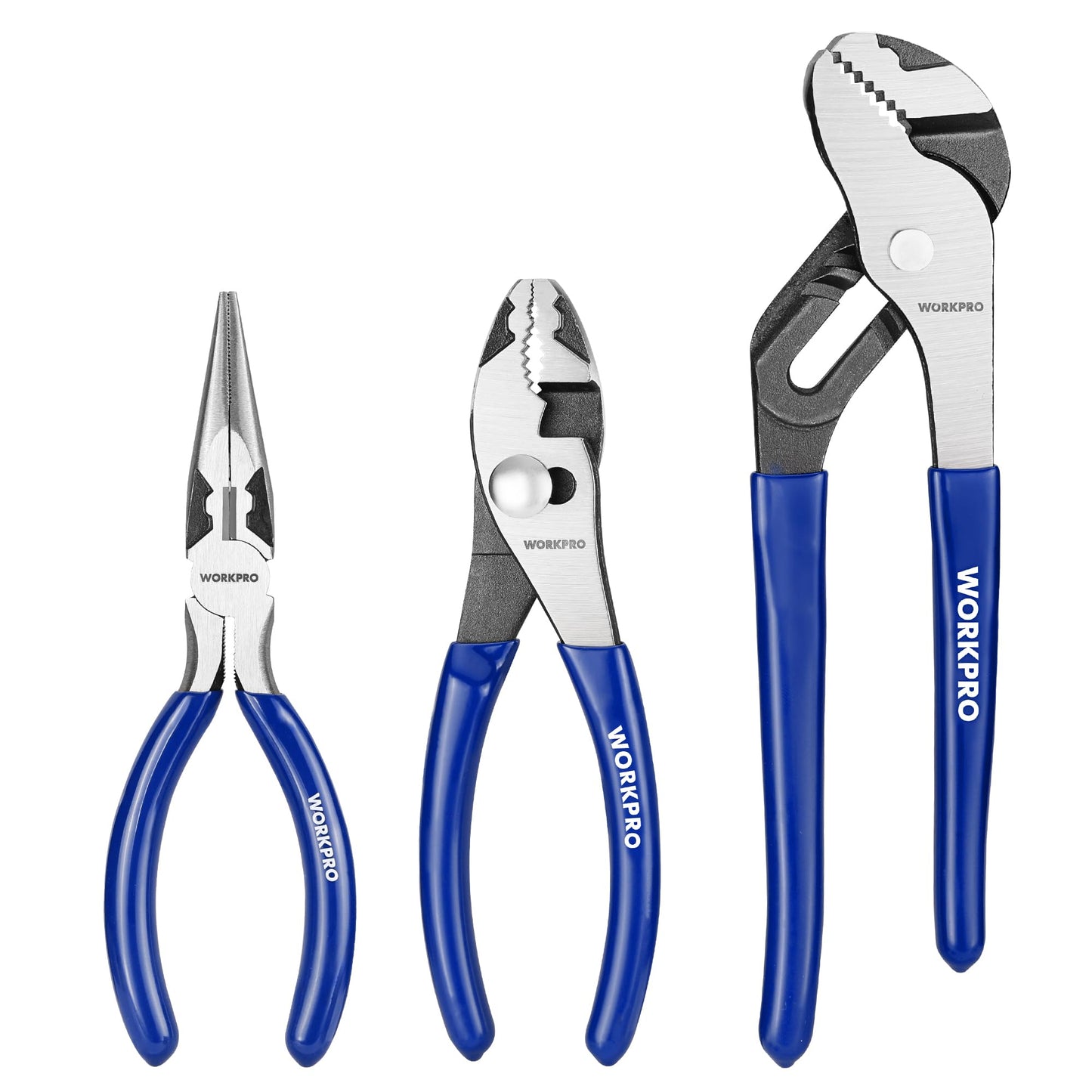 WORKPRO Pliers Set, 3-Piece Plier Tool Set with Soft Handle, 6" Needle Nose, 6" Slip Joint, 8" Groove Joint Plier for DIY & Home Use