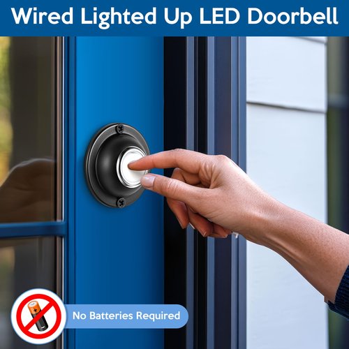 Dreyoo Door Bell Button, Round Metal Doorbell Button Black Wired Lighted Up LED Door Buttons Replacement Solid Iron Doorbell for Home Front Doors, White Light