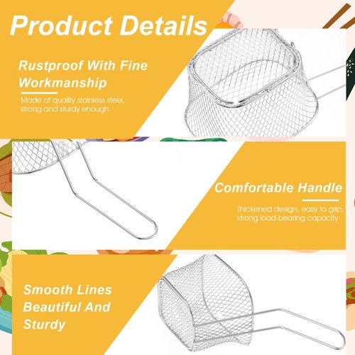MBAIYO 12 Pcs Mini Square Fry Basket, Stainless Steel Fry Baskets with Handle for French Fries Onion Rings Snacks - Reusable Deep Fryer Holder Fryer Container for Kitchen Restaurant Barbecue Party