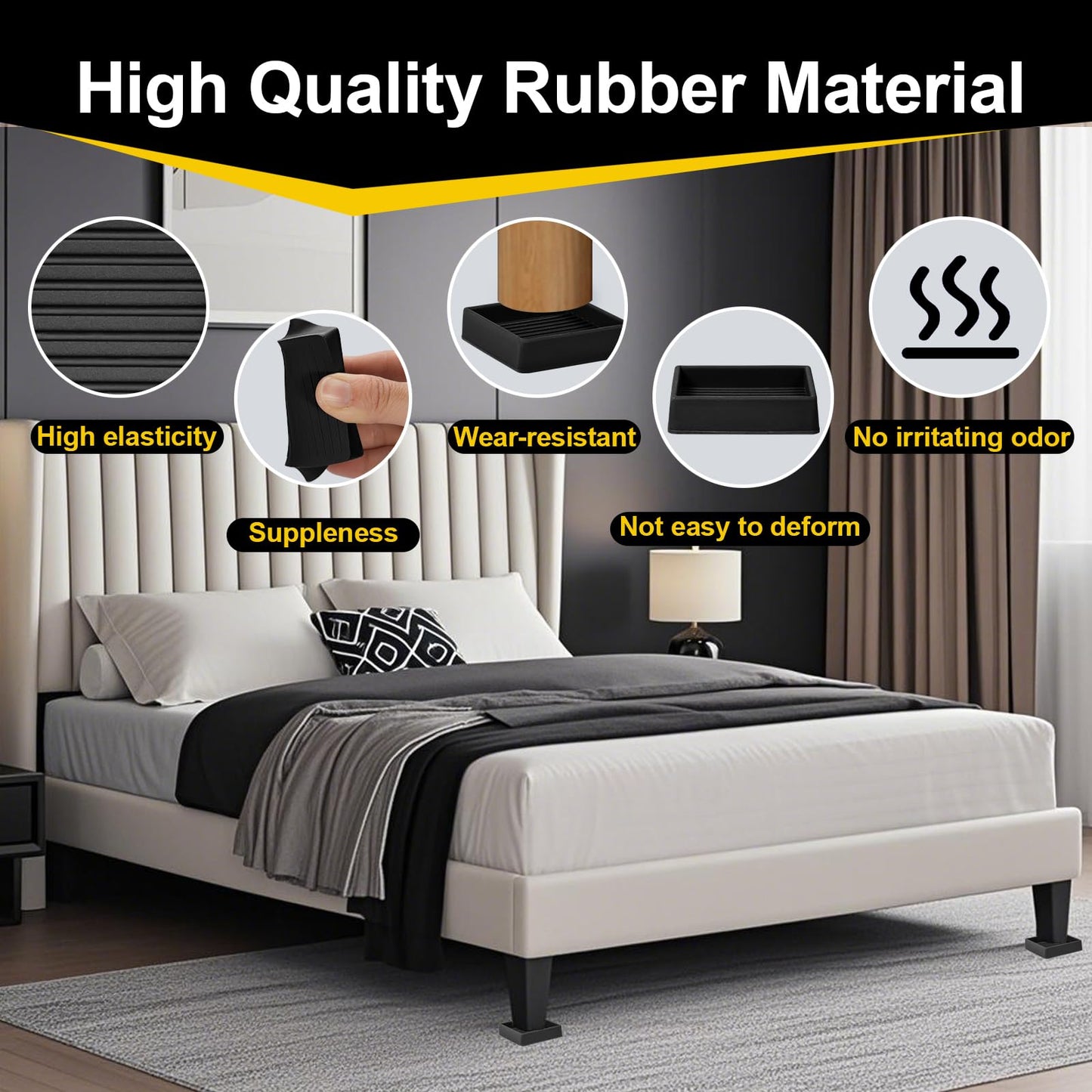 xxxHOLIC Non Slip Furniture Pads for Hardwood Floors, 2 * 2 Inch Black, Set of 4, Rubber Bed Stoppers to Prevent Sliding, Furniture Coasters for Protecting Floors from Scratches and Reduce Noise