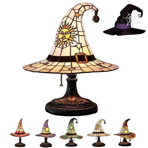 Witch Hat Lamp,Handcrafted Stained Gothic Wizard Hat Lights,Small Wizard Spooky Fun,Mystical Witch Table Lamp for Indoor Party Home Dector (Pink, 11.8 in)