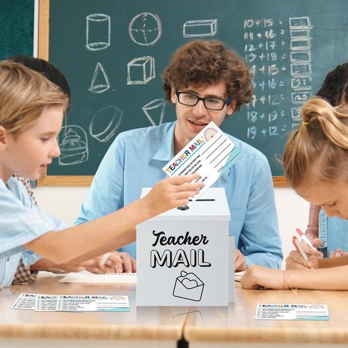 Dunzoom Teacher Mailbox Set Include 8.2x6.2x5.5 Inch White Metal Classroom Mailbox with Lock and 50 Cards for School Classroom Teacher Student Social Emotional Learning
