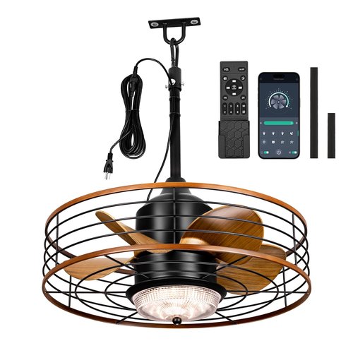 20" Outdoor Ceiling Fan with Light for Patios Waterproof Caged Gazebo Fans Outdoor Hanging Lighting with Plug-in Cord, Dimmable LED, Remote APP Control, 6 Speeds for Pergola Porch Gazebo (Brown)