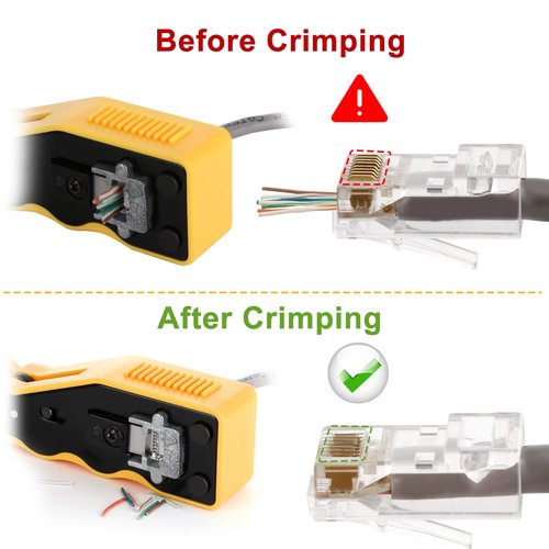 RJ45 Crimp Tool Kit Pass Through Crimper Stripper Cutter All-in-One Ethernet Crimper Tool for Cat5e Cat6 Cat6a 8P8C Pass Through Modular Plugs With 2 Replacement Blades