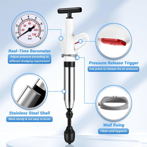 Toilet Plunger, High Pressure Drain Clog Remover, Plungers for Bathroom, Air Drain Unclogger Blaster with Visual Barometer, Toilet Plunger Heavy Duty Powerful Drain Toilet Snake Auger, Sink Plunger