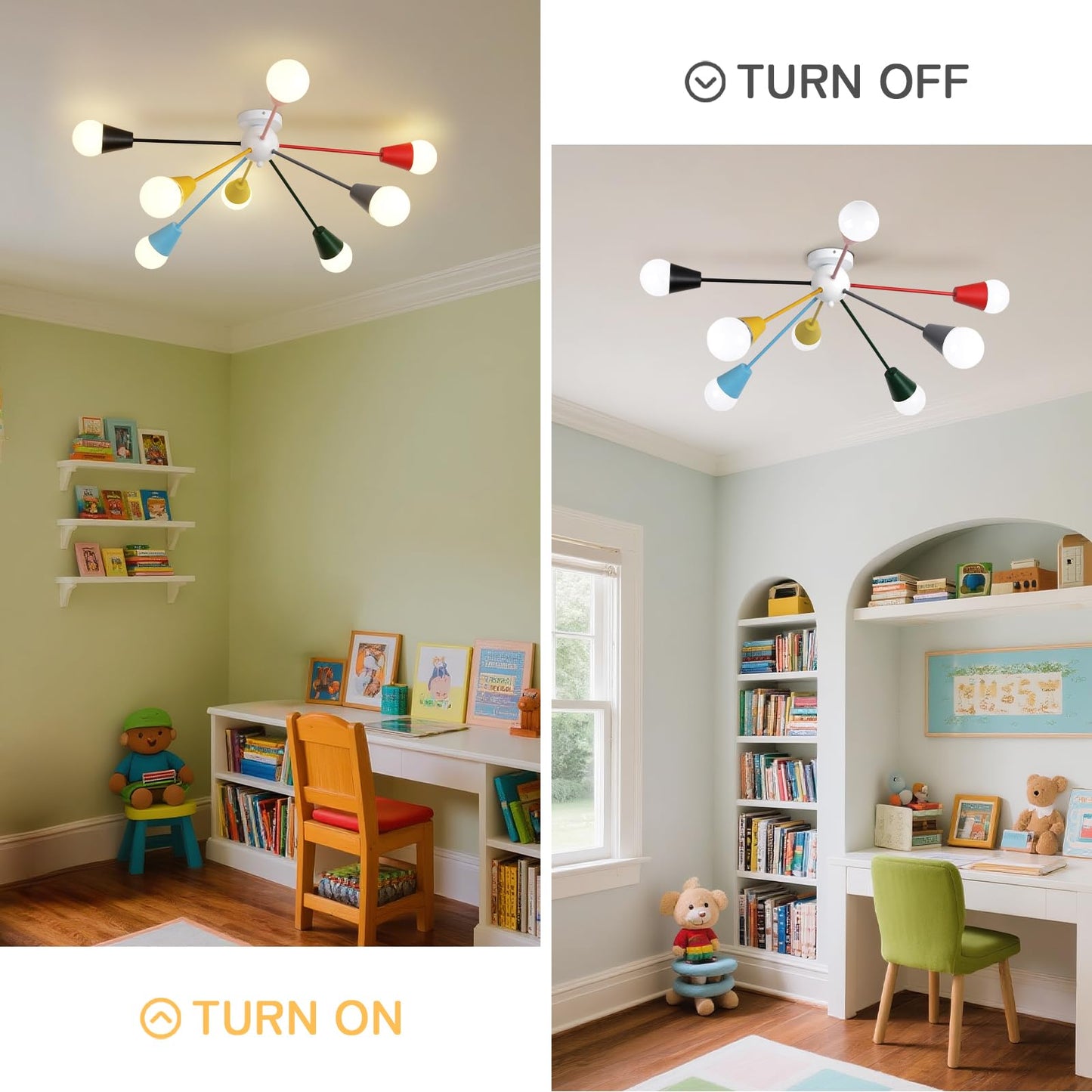 ZORYATA 33” Kids Ceiling Light Fixture, Colorful 8-Light Sputnik Chandelier Lighting, Modern Semi Flush Mount Ceiling Lamp for Children Bedroom, Dining Room, Kitchen, Entryway, Playroom, Multi Color