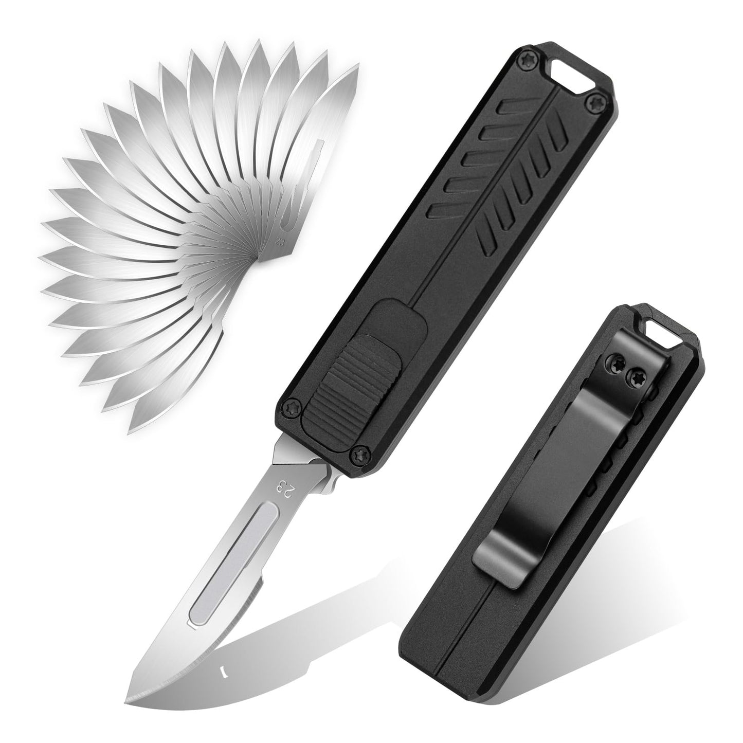 cckk Utility Knife, Aluminium Alloy Pocket Knife with Clip, Black Pocket Knife, EDC Razor Knife with 20PCS #23 Blades