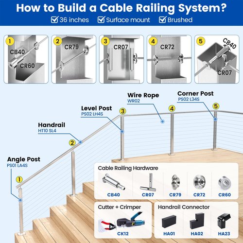 Muzata 1000 ft 1/8" Stainless Steel Cable Railing System Hardware T316 Stainless Steel Wire Rope 7x7 Strands 1800 lb Breaking Strength Deck Cable Railing Kit for Indoor Outdoor Coastal WR02