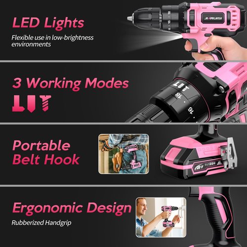 20V Cordless Drill, Electric Power Drill Set with Battery Charger, 3/8” Keyless Chuck, 2 Variable Speed, 18+3 Torque, 72pcs Driver Bits and Belt Hook, Pink