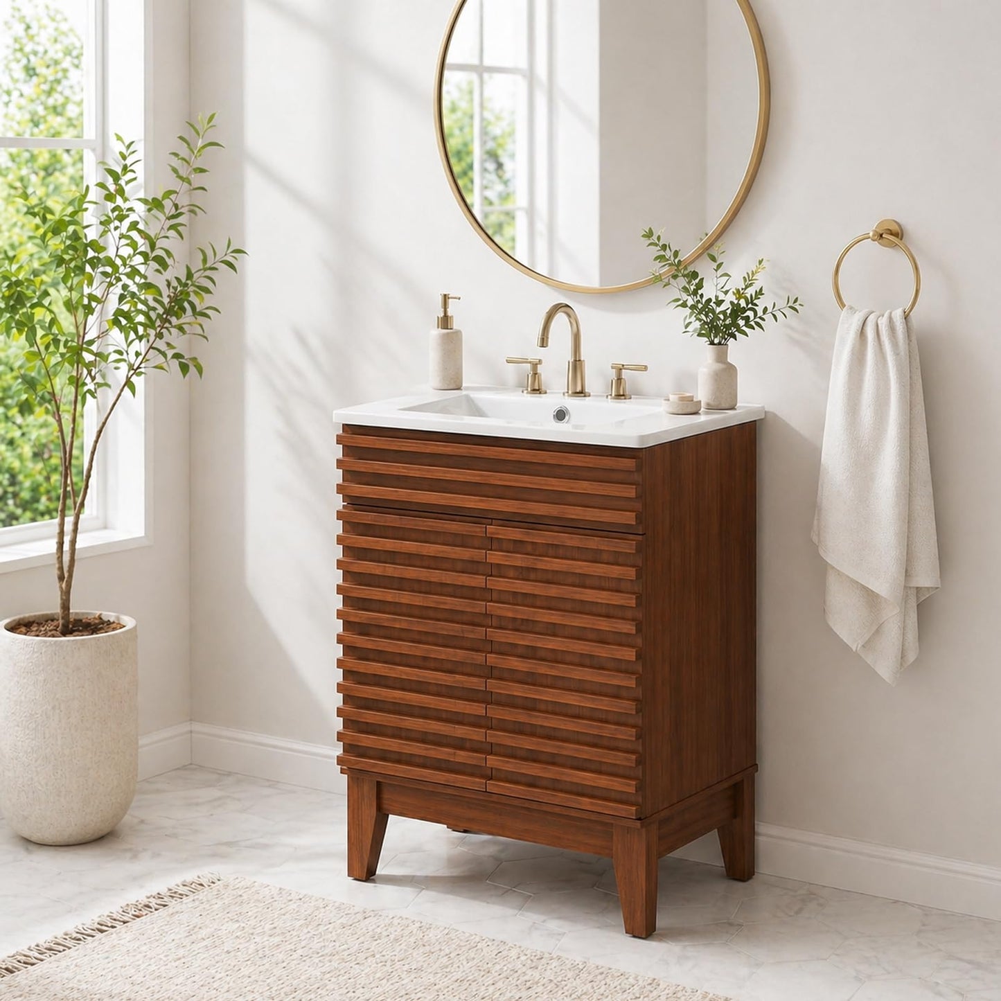 LUXEYARD 24 Inch Bathroom Vanity with Sink, Walnut Fluted Freestanding Bathroom Vanity Cabinet with Ceramic Sink Top, Solid Wood Legs, Soft Close Double Doors and Modern Storage Cabinet