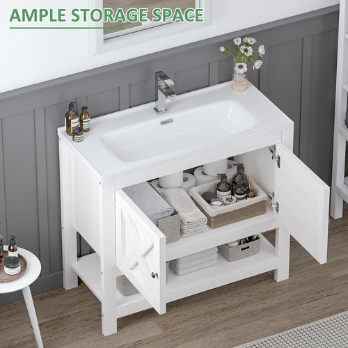 4ever2buy Farmhouse Bathroom Vanity with Sink, 35 Inch Bathroom Vanity Cabinet, Freestanding Vanity, 2 Doors and Open Shelf, Bathroom Cabinet with Ceramic Sink, White